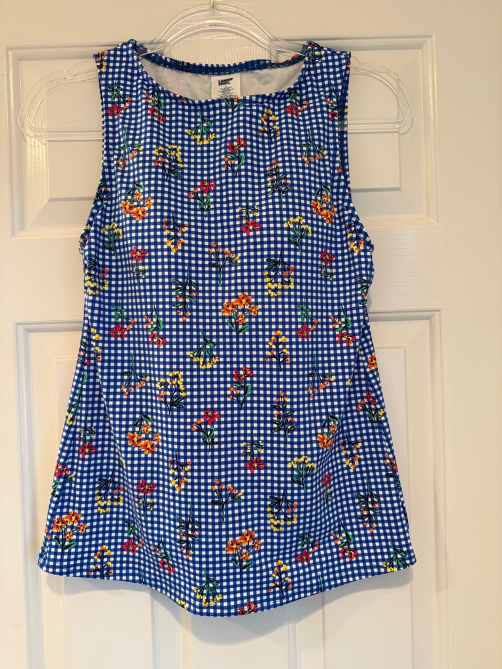 Lands' End Blue Gingham Floral Tankini Swim Top